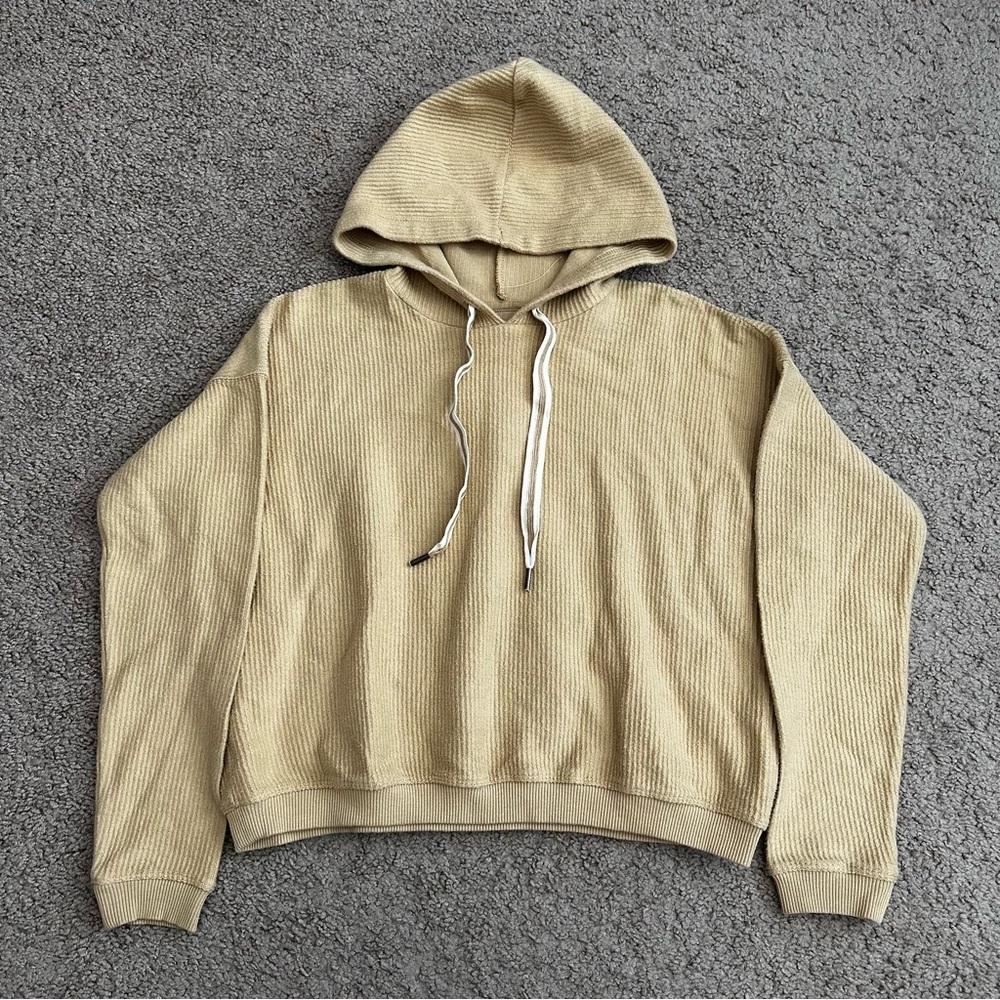 Aerie Tan Oversized Cropped Ribbed Hoodie Womens XS